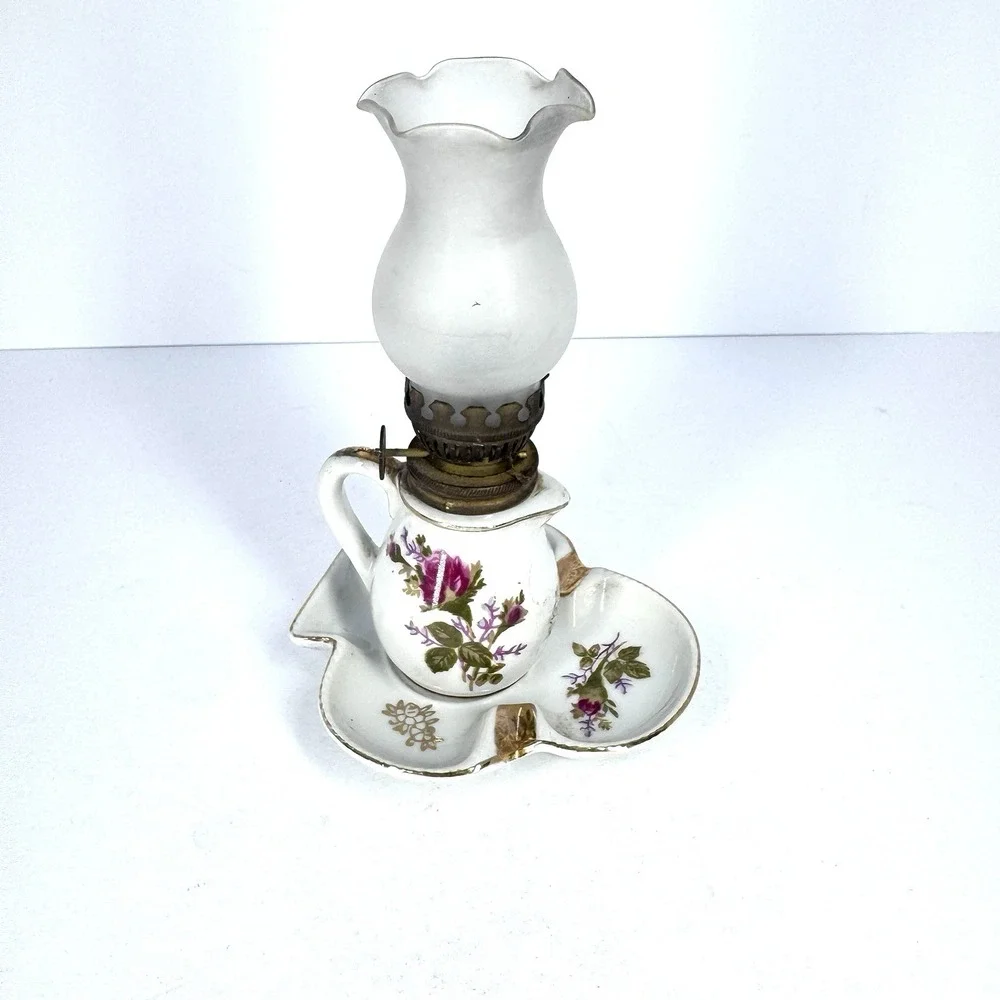 Vintage Miniature Finger Oil Lamp Porcelain‎ Floral Base Milk Glass Chimney